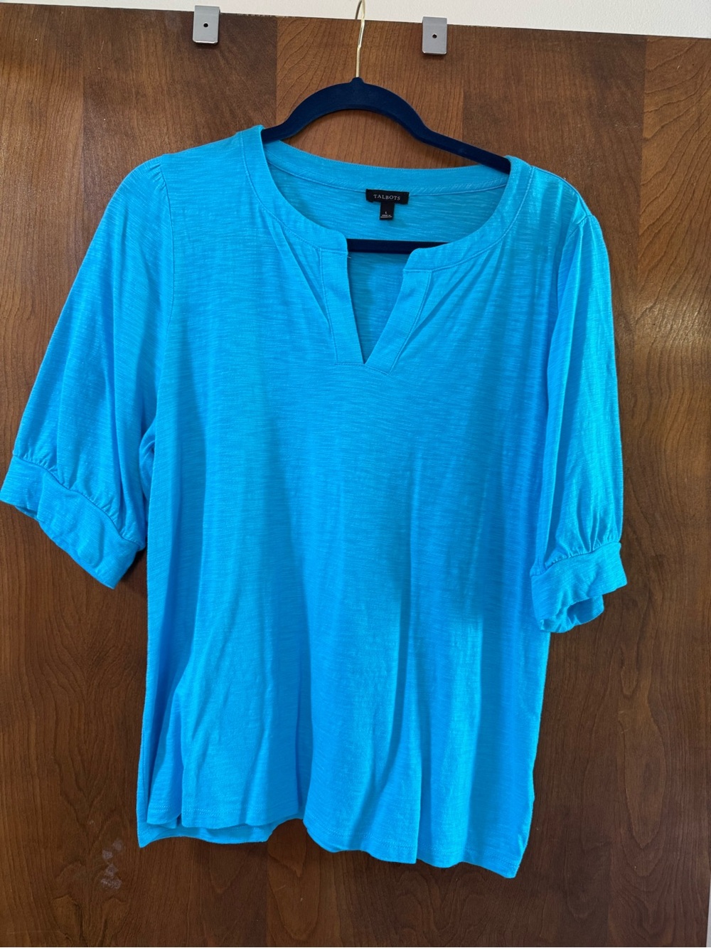 Talbots Women's Turquoise Split-Neck Short Sleeve Top